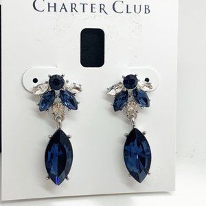 Charter Club Crystal Post Earrings Clear & Blue Silver Casing NEW